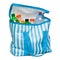 Open blue striped cooler bag with full of cool refreshing drinks