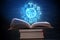 Open book on astrology on a dark background. The glowing magical globe with signs of the zodiac in the blue light