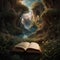 open book in beautiful mysterious fairytale forest