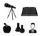 An open book with a bookmark, a telescope, flasks with reagents, a red apple. Schools and education set collection icons