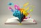 Open book with colorful paint splashes humain brain . 3D illustration generative ai