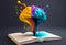 Open book with colorful paint splashes humain brain . 3D illustration generative ai