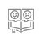 Open book with different emotions line icon. Positive and negative emoji, reader review symbol