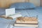 Open book with dried flower and book stack on bed in bedroom