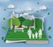 Open book with eco composition in paper art style of family in park on green town shape.