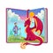 Open book of fairytales with knight with sword and dragon