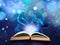 Open book with fairytales and magic lights on background. Creative design