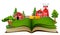 Open book with farm scene, barn and trees on a white background