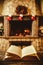 Open book by the Fireplace with Christmas ornaments. Open storyb