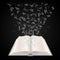 Open book with flying letters on a black background, education art. Vector illustration