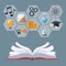 Open book with gray color geometric abstract figures with icons academic knowledge