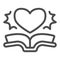 Open book, heart line icon, children book day concept, love story with ship vector sign on white background, book, heart