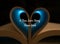 Open Book with Heart Shaped Pages with Blue Light Shining Through, Love Quote