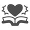 Open book, heart solid icon, children book day concept, love story with ship vector sign on white background, book