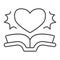 Open book, heart thin line icon, children book day concept, love story with ship vector sign on white background, book