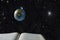 An open book, a levitating model of the planet earth levitates above it, against the background of outer space with stars. The