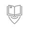 Open book with location mark line icon. City library location, place to read, bookstore symbol