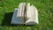 Open book lying in green grass on a sunny day, wind turning the pages of book top view