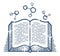 Open book with molecule vector linear icon, education and scientific literature library reading line art symbol or logo, chemistry