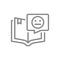 Open book with neutral face in speech bubble line icon. Unemotional review, negative feedback, online message symbol