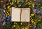 Open book with old shabby bages in grass and flowers