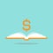 Open book with orange dollar sign flying out isolated on blue background