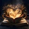 An open book and protruding from it a large, floral, glowing heart. Heart as a symbol of affection ane
