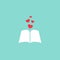 Open book with red cover and red hearts flying out. Isolated on blue background. bibliophile flat icon