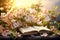 An open book rests on top of a sturdy wooden table with natural light shining on its pages, Flower apple tree and book background