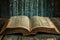 An open book rests on top of a sturdy wooden table, showcasing its pages and cover, Image of a book with its pages transforming