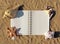 Open Book on the Sand With Seashells Adorning It