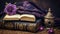 an open book sitting on top of a pile of books, a still life, purple cloth, draped in velvet and flowers