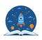 Open book and space elements. Planet, rocket, star, cloud, aerostat. Education concept for kids. Knowledge, creativity,