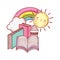 Open book in stacked books rainbow sun cartoon