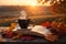 Open Book and Steaming Cup of Coffee on Wooden Table with Autumn Sunrise Background