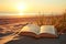 Open Book on a Sunny Beach: Concept for Summer Reading Leisure, Relaxing Vacation Education, and Seaside Travel Literature.