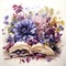 Open Book Surrounded by Gothic Flowers Watercolor Clipart AI Generated