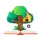 Open book with tree house. House on tree for kids. Vector concept of adventure story for children. Flat illustration