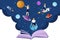 Open book universe reading fantasy Vector flat style. Creativity school kids education reading concepts