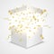Open box with golden confetti. Giftbox surprise concept. Vector realistic prize container