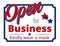 Open for Business sign that reads Open for Business Kindly Wear a Mask designed in red white and blue with stars