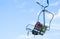 Open cabs of the funicular on the cable car against the blue sky