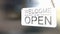 `Open` on cafe or restaurant hang on door at entrance Punched clear acrylic sheet Hang by golden loop Warning sign to wear a face