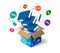 Open cardboard box with accounting folders and confetti explosion inside and on white background