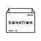 Open cardboard box or container with donation text. Charity for animals, pets, wildlife. Black line art icon or template for