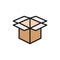 Open cardboard box, paper garbage flat color line icon.