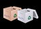 Open cardboard box for product packaging with trademarks on the sides, 3D realistic design