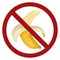 An open cartoon banana in red prohibition sign. Danger of allergies from tropical fruits. Ban food. Vector flat forbidden sign
