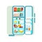 Open cartoon hand drawn vector fridge full of food