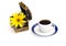 Open casket and in it a yellow flower and coffee